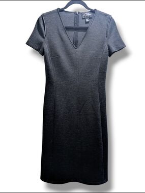 St. John Black Short-Sleeve Leather Trim V-Neck Midi Wool Knit Dress- 2